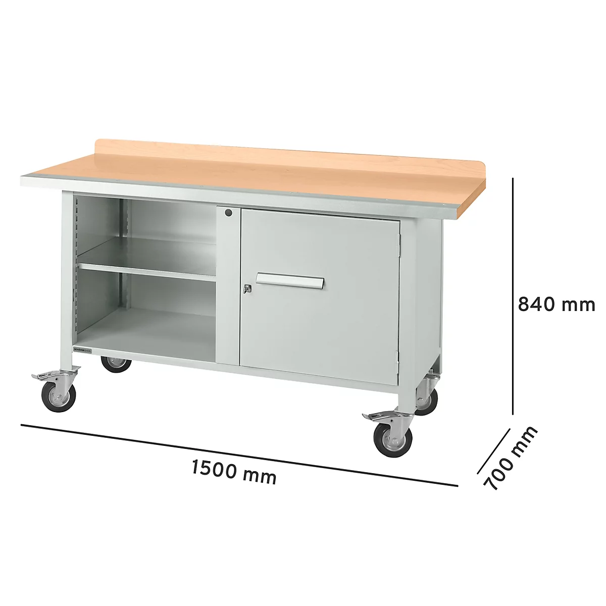 Werkbank met houten tafelblad, zilveren metalen behuizing, wielen, kastdeur en open vak. Afmetingen worden vermeld.