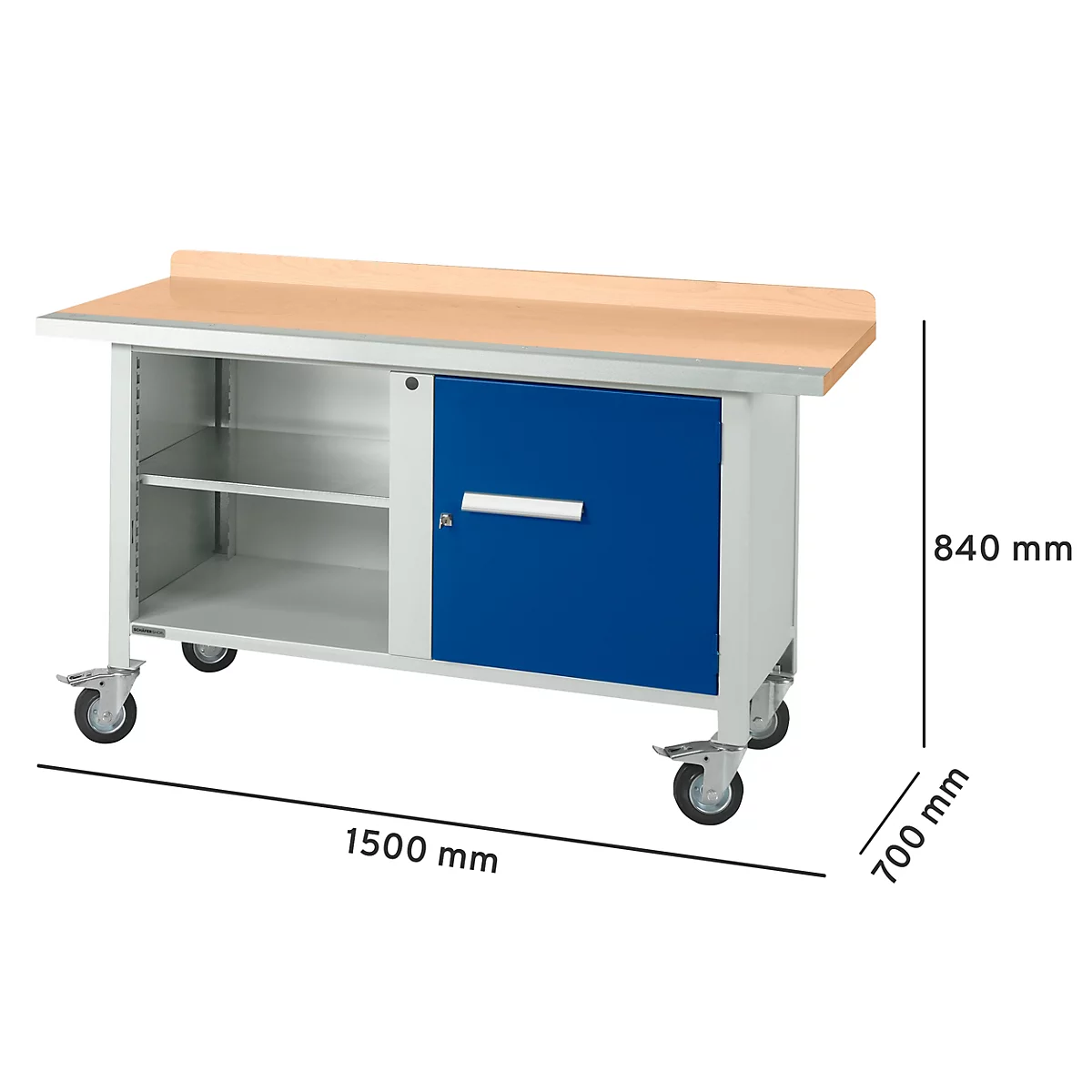 Werkbank met wielen, houten blad, blauwe deur, zilveren behuizing. Afmetingen: 1500 x 700 x 840 mm.
