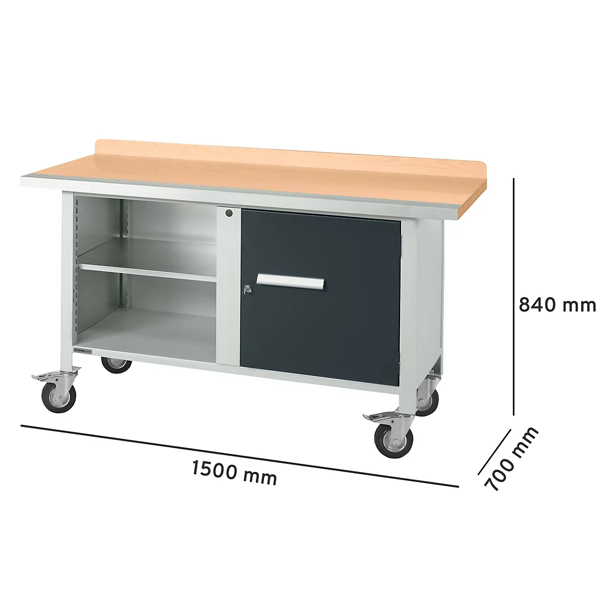 Werkbank met houten werkblad en lade, op wielen. Afmetingen: 1500 x 700 x 840 mm.