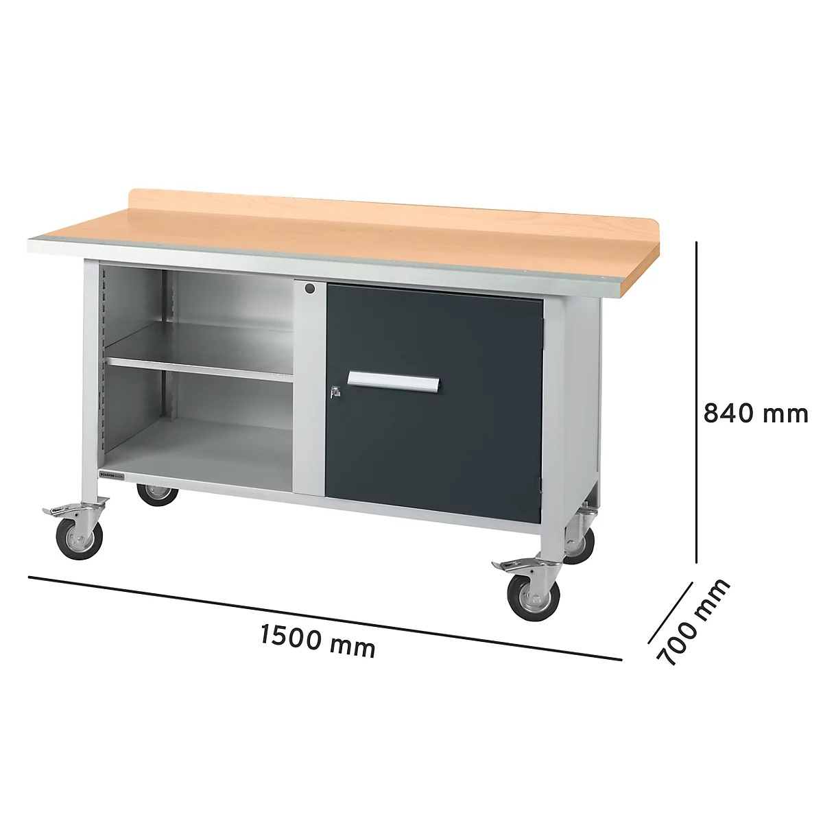 Werkbank met houten blad, kastgedeelte, twee lades, deuren, wielen. Afmetingen: 1500x700x840mm.