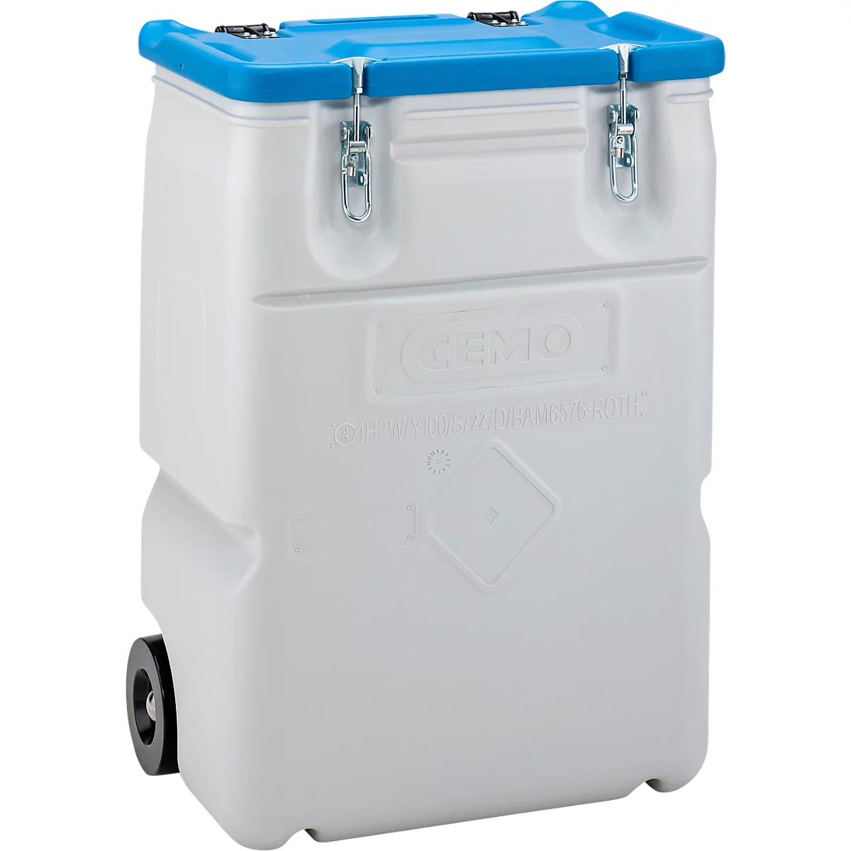 Conteneur de transport rectangulaire blanc avec un couvercle bleu et deux fermetures. Une roue est fixée sur un côté. Texte sur le conteneur.