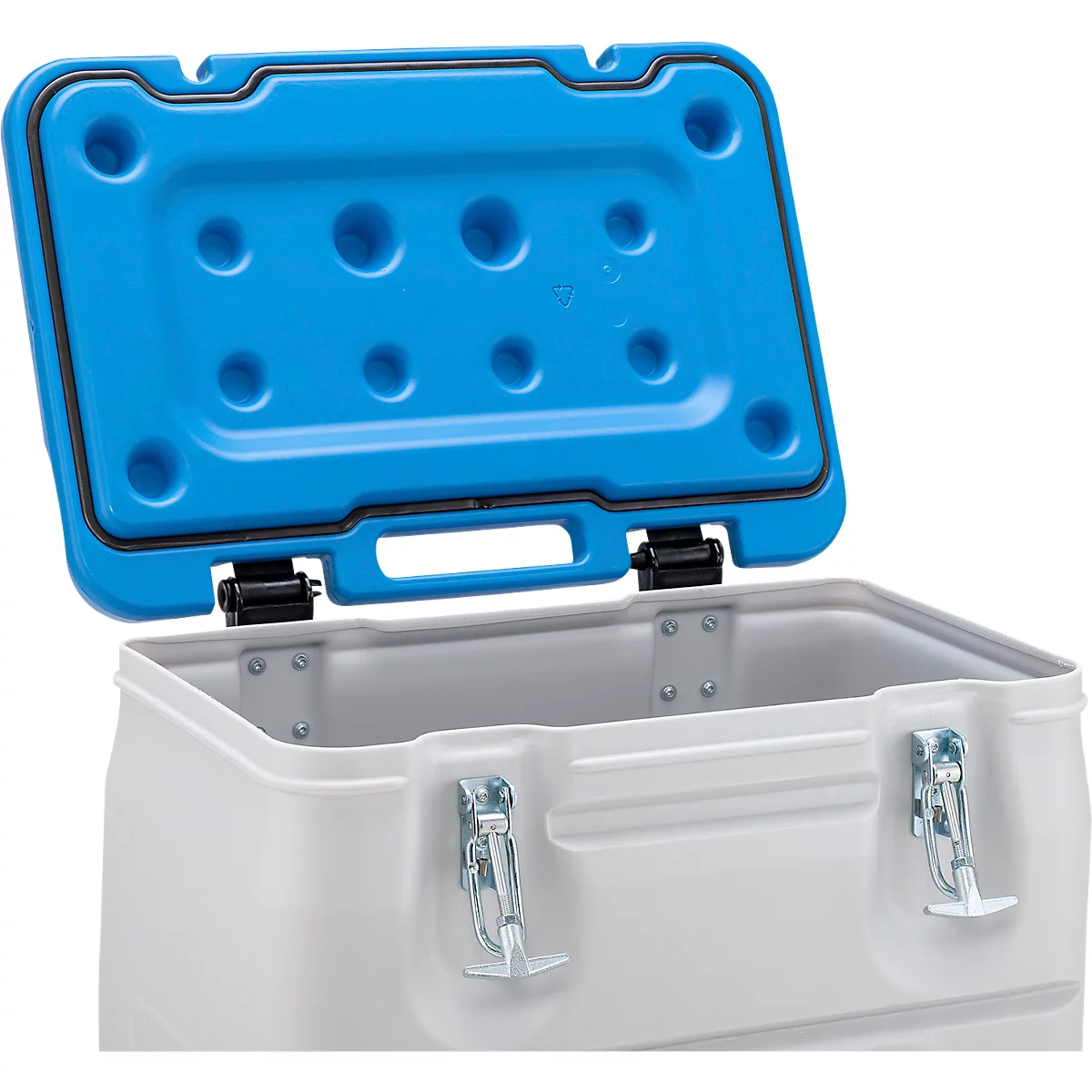 Glacière blanche et bleue avec un couvercle ouvert, fixé avec des charnières.
