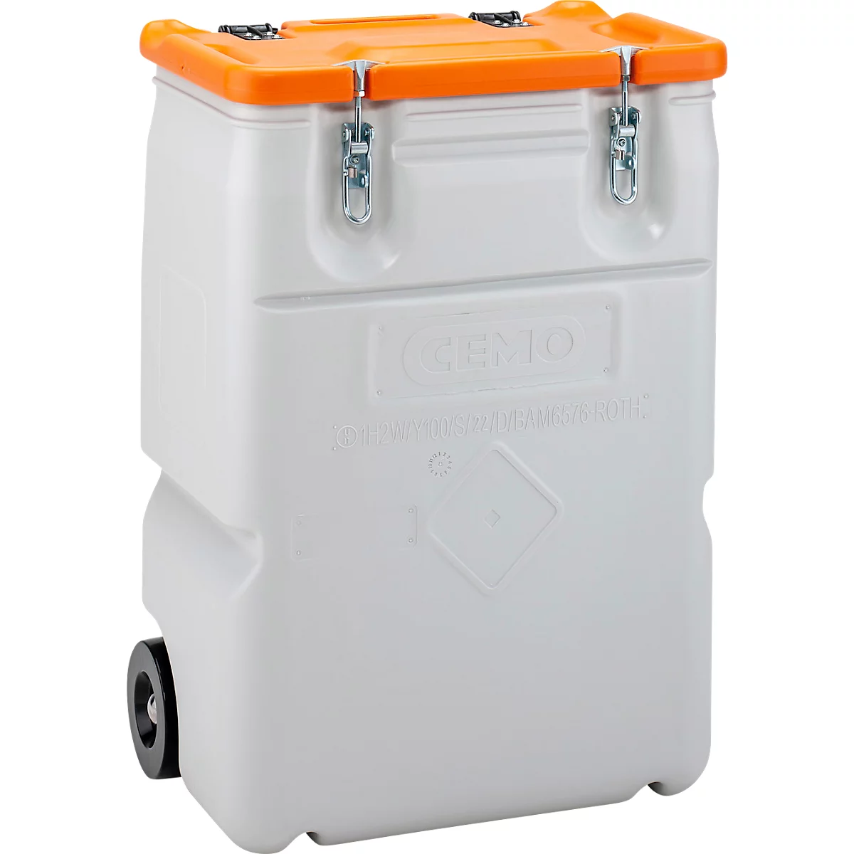 Conteneur en plastique blanc avec couvercle orange, roues, fermetures de sécurité et lettrage.