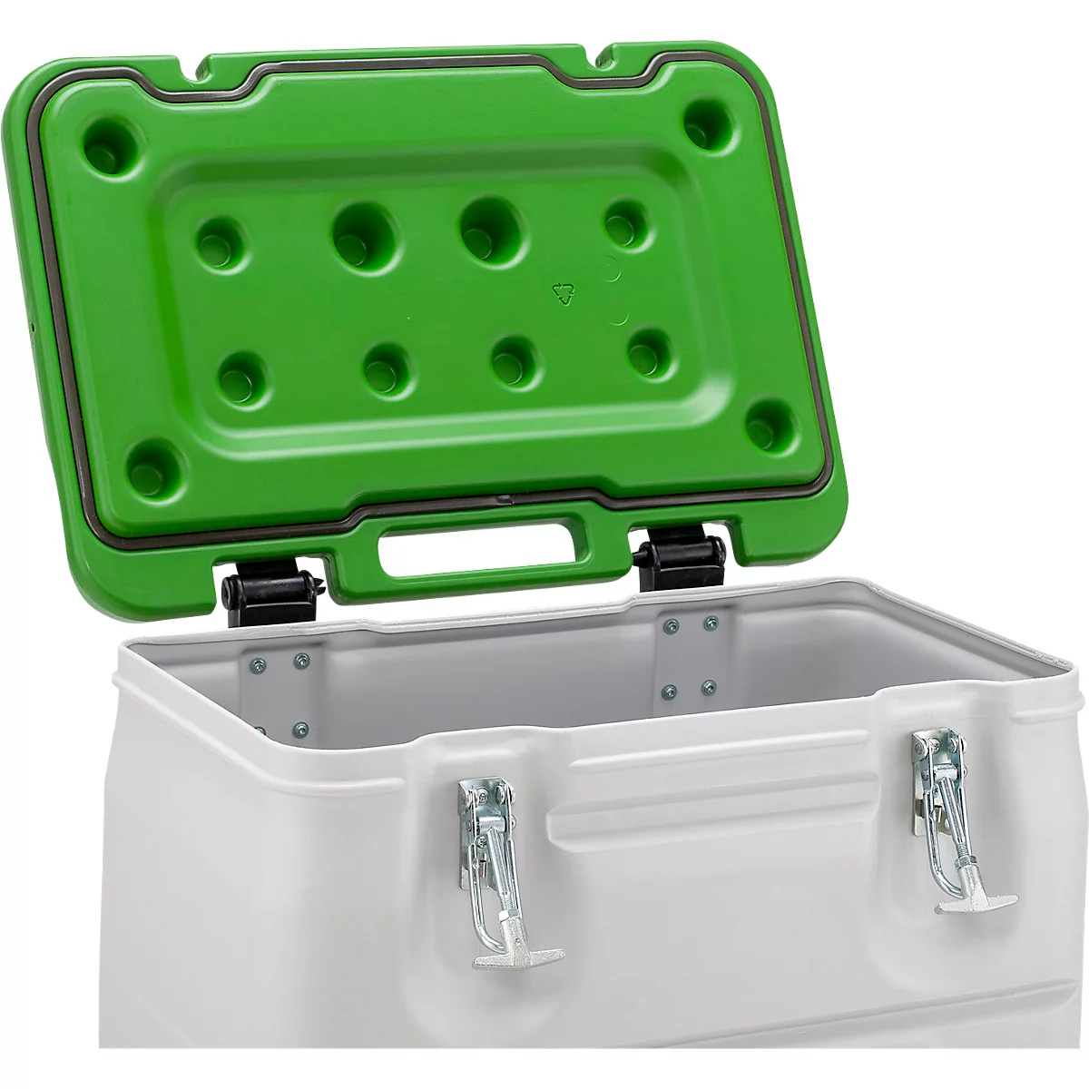 Conteneur blanc ouvert avec couvercle vert. Le couvercle est équipé d'un joint d'étanchéité noir. Fermetures métalliques.