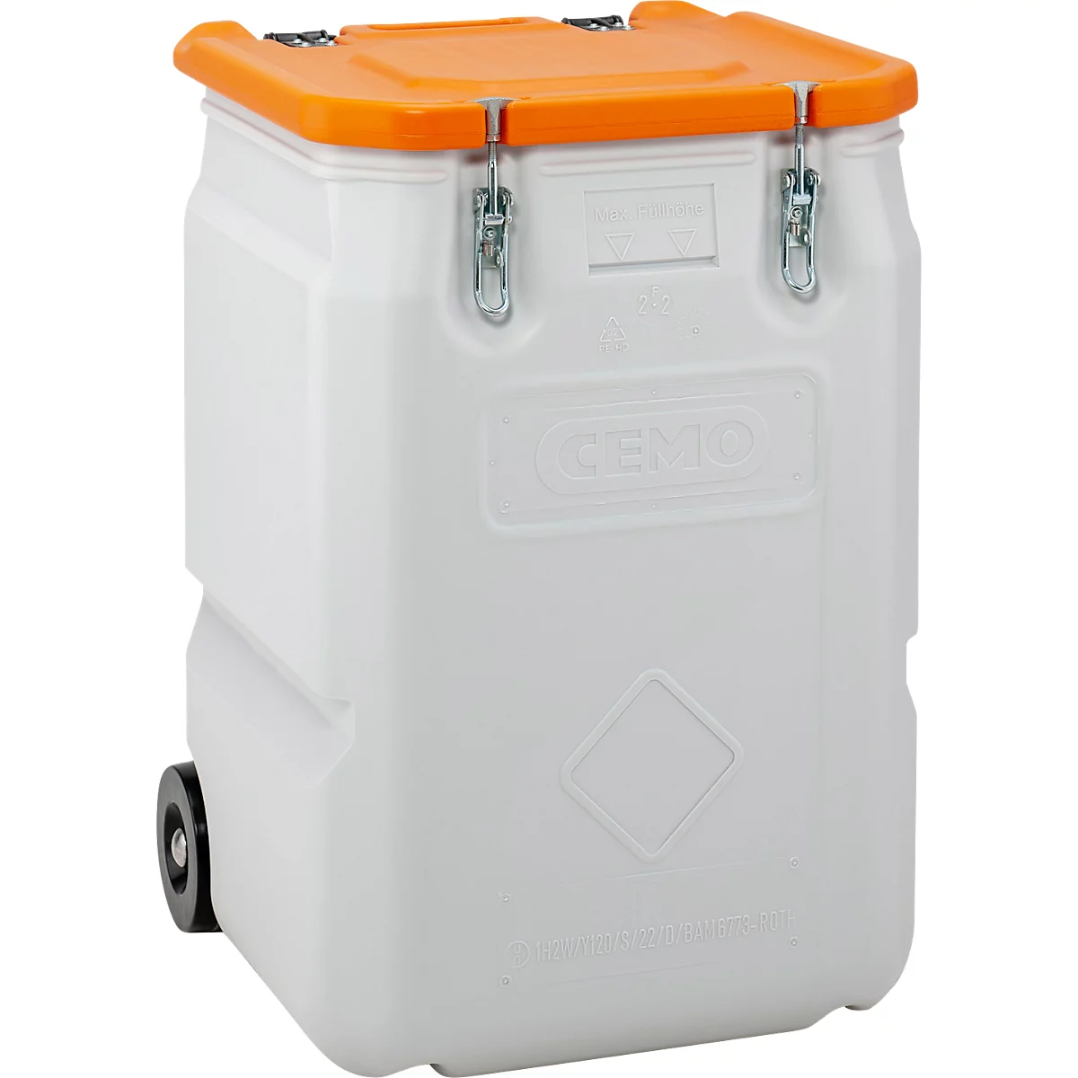 Conteneur en plastique blanc avec couvercle orange, fermoirs métalliques et roulettes. Inscription "GEMO".