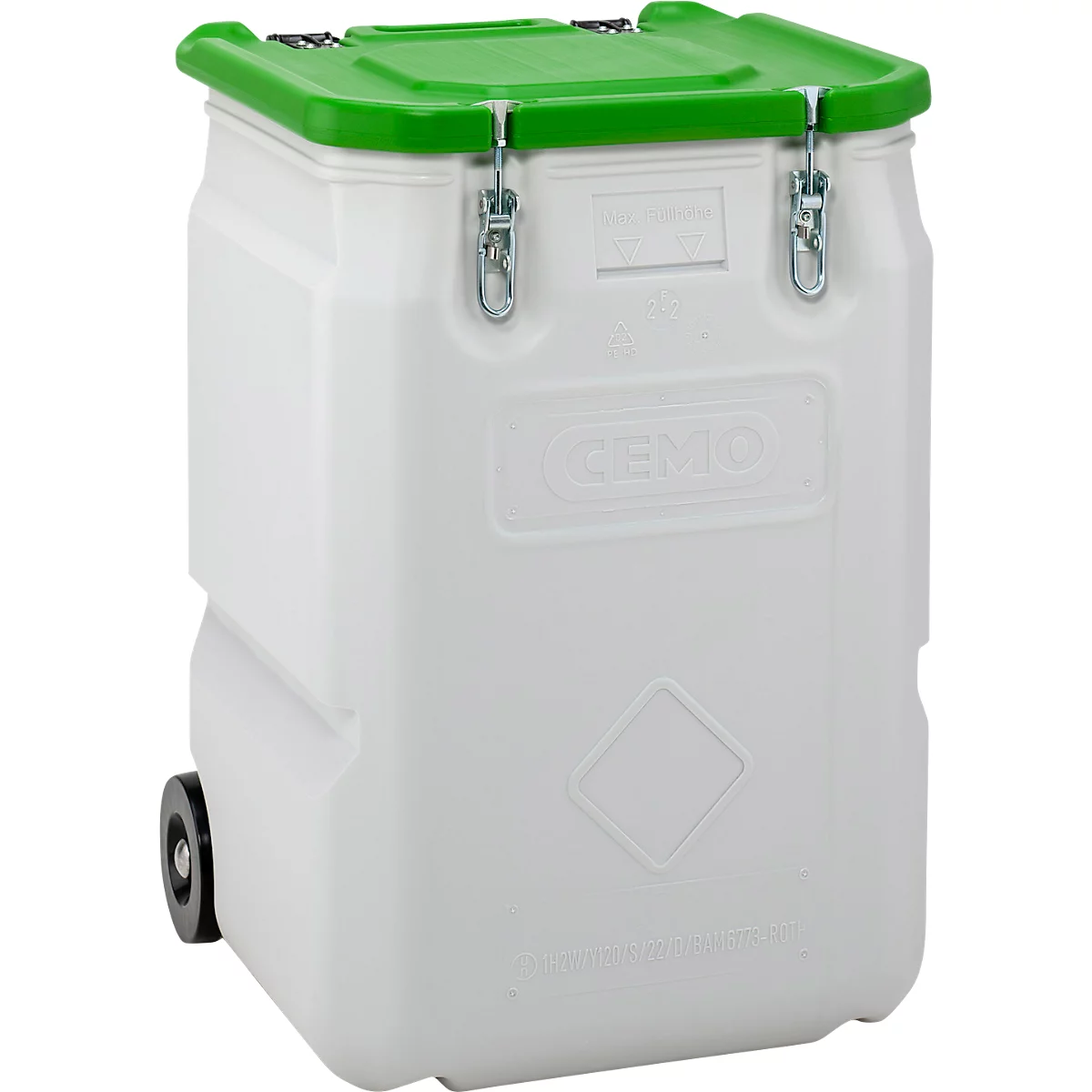 Conteneur en plastique blanc, roulant, avec couvercle vert et fermoirs métalliques. Le logo "CENJO" est clairement visible.