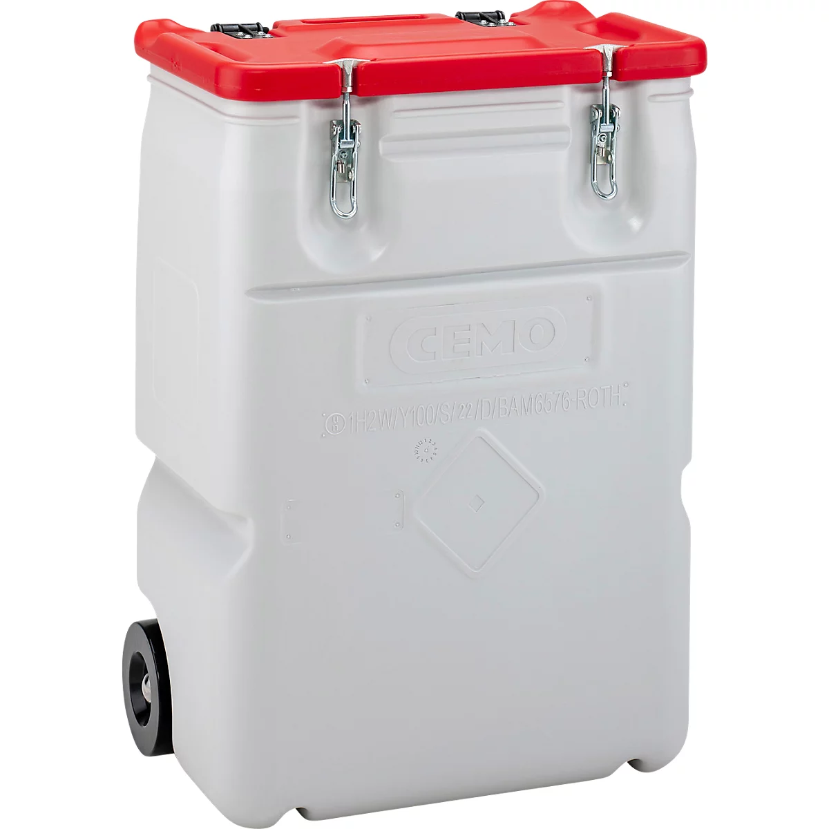 Weißer, rechteckiger Container mit rotem Deckel und Verschlüssen. Zwei Räder unten, Gefahrgut-Kennzeichnung.