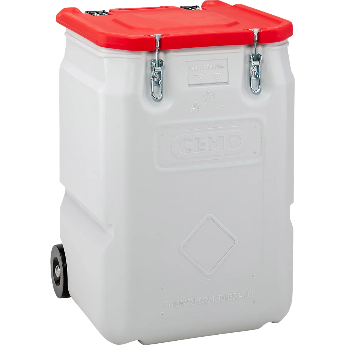Weißer Container mit rotem Deckel, silbernen Verschlüssen und Rollen. Das Logo CEMO ist erkennbar.