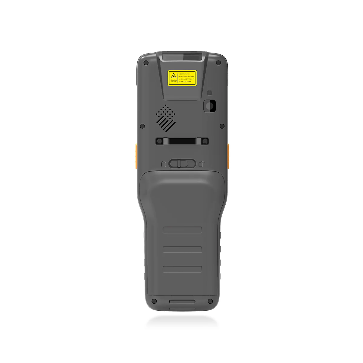 Rückansicht eines schwarzen Barcode-Scanners mit gelbem Etikett, Lautsprecher und Knöpfen.