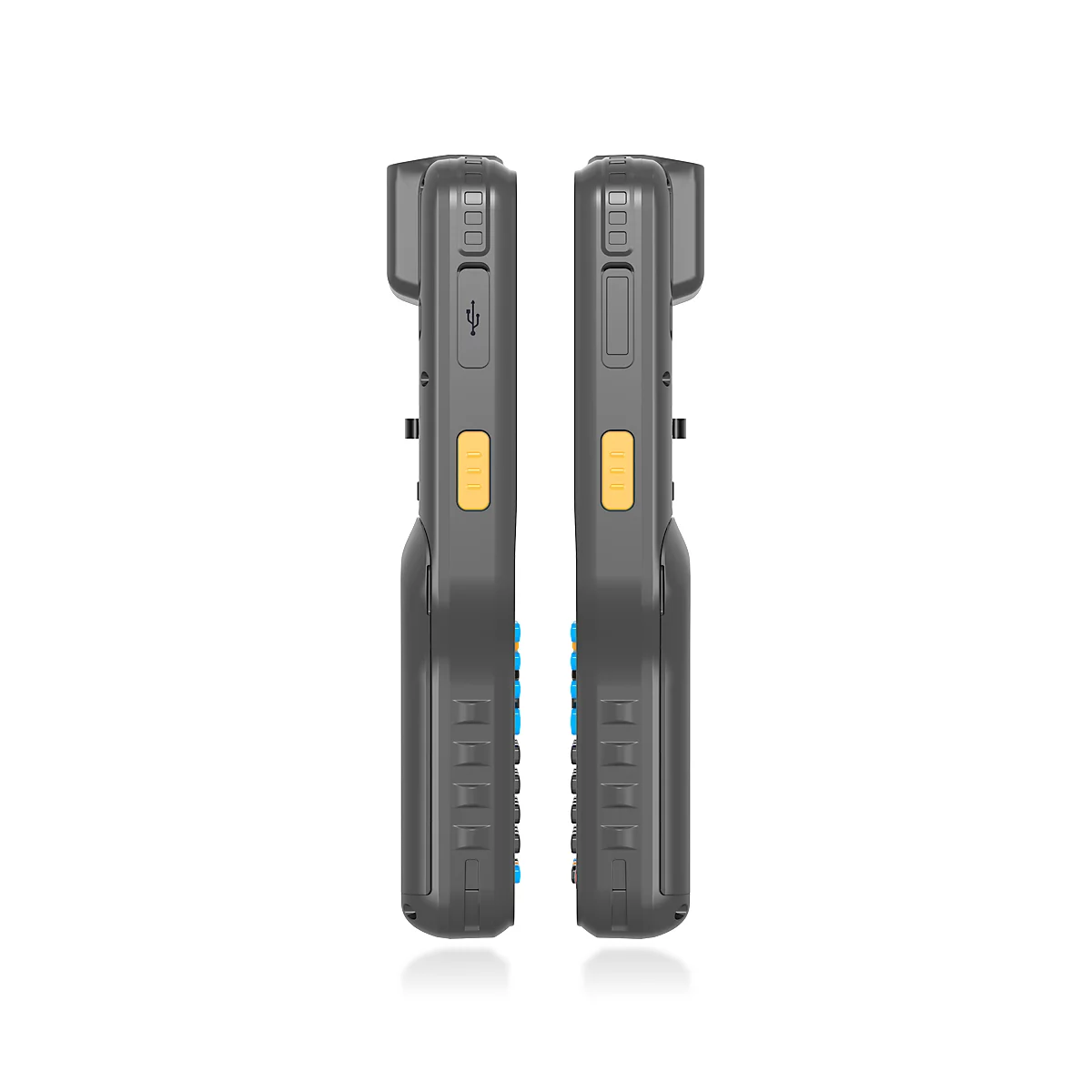 Handheld-Barcode-Scanner, grau und gelb, mit Touchscreen und Tastatur.