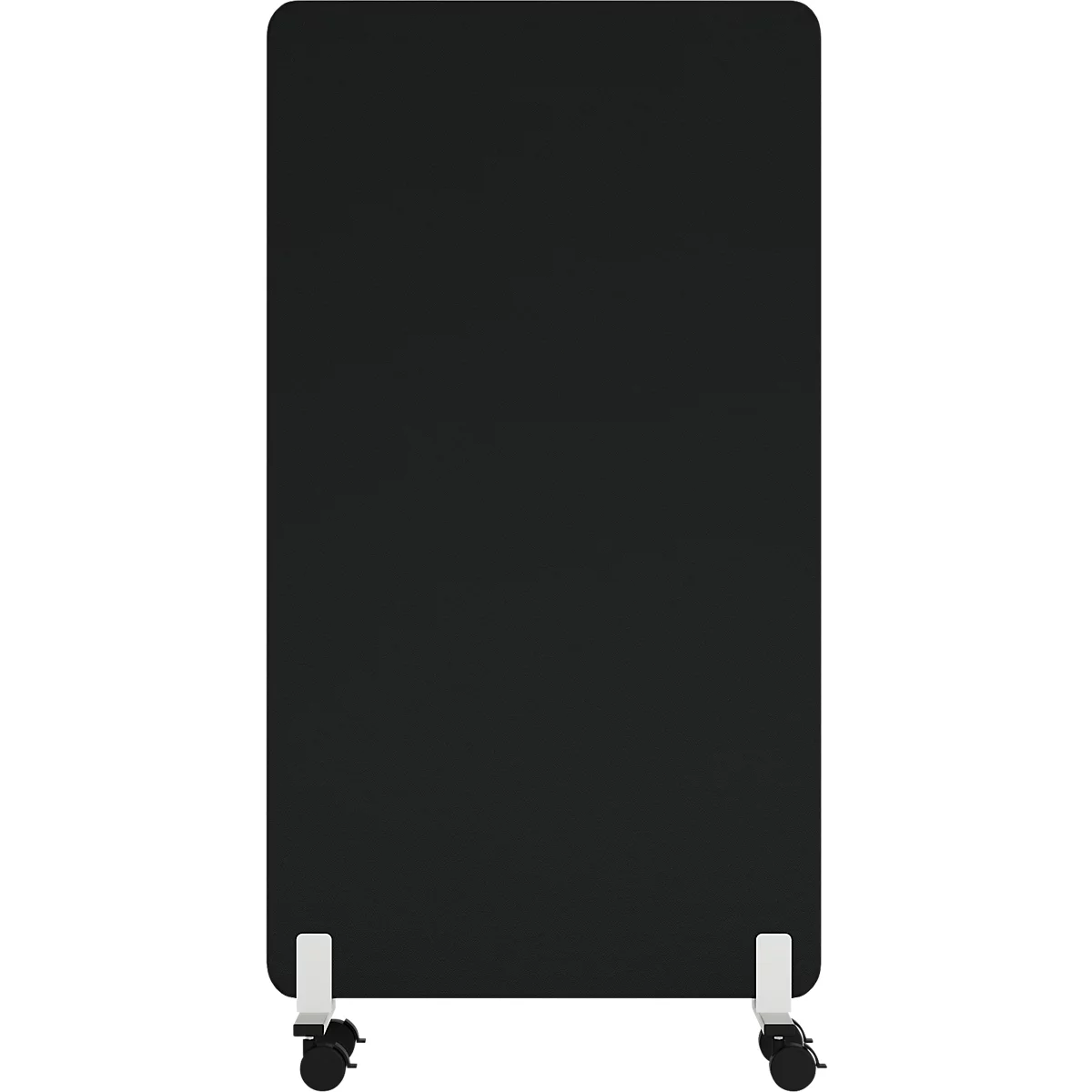 Schwarzes, rechteckiges, mobiles Trennelement mit abgerundeten Ecken. Weißes Gestell, schwarze Rollen.