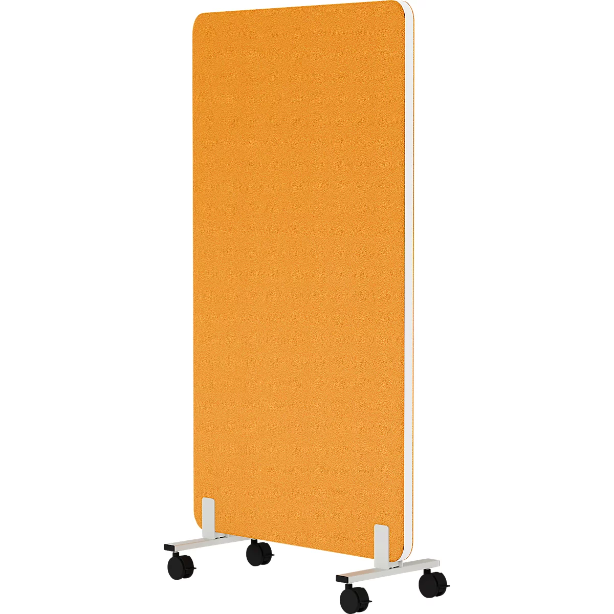 Orangefarbene, rollbare Raumabtrennung mit weißem Rahmen.