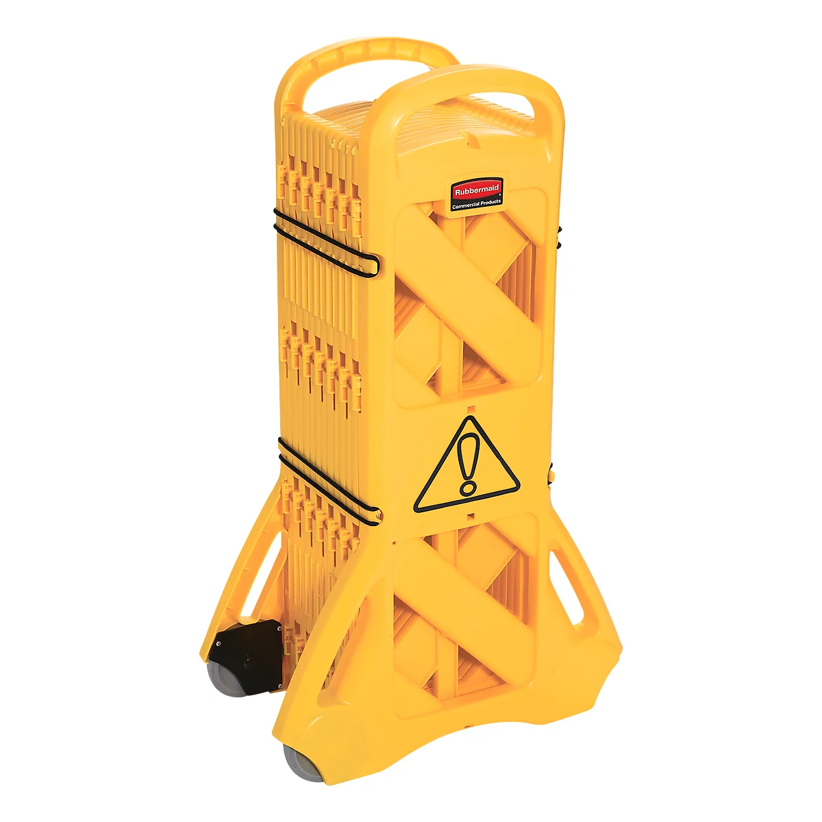 Yellow barrier with wheels and handle. Warning triangle with exclamation mark. Black tension straps hold the construction together.