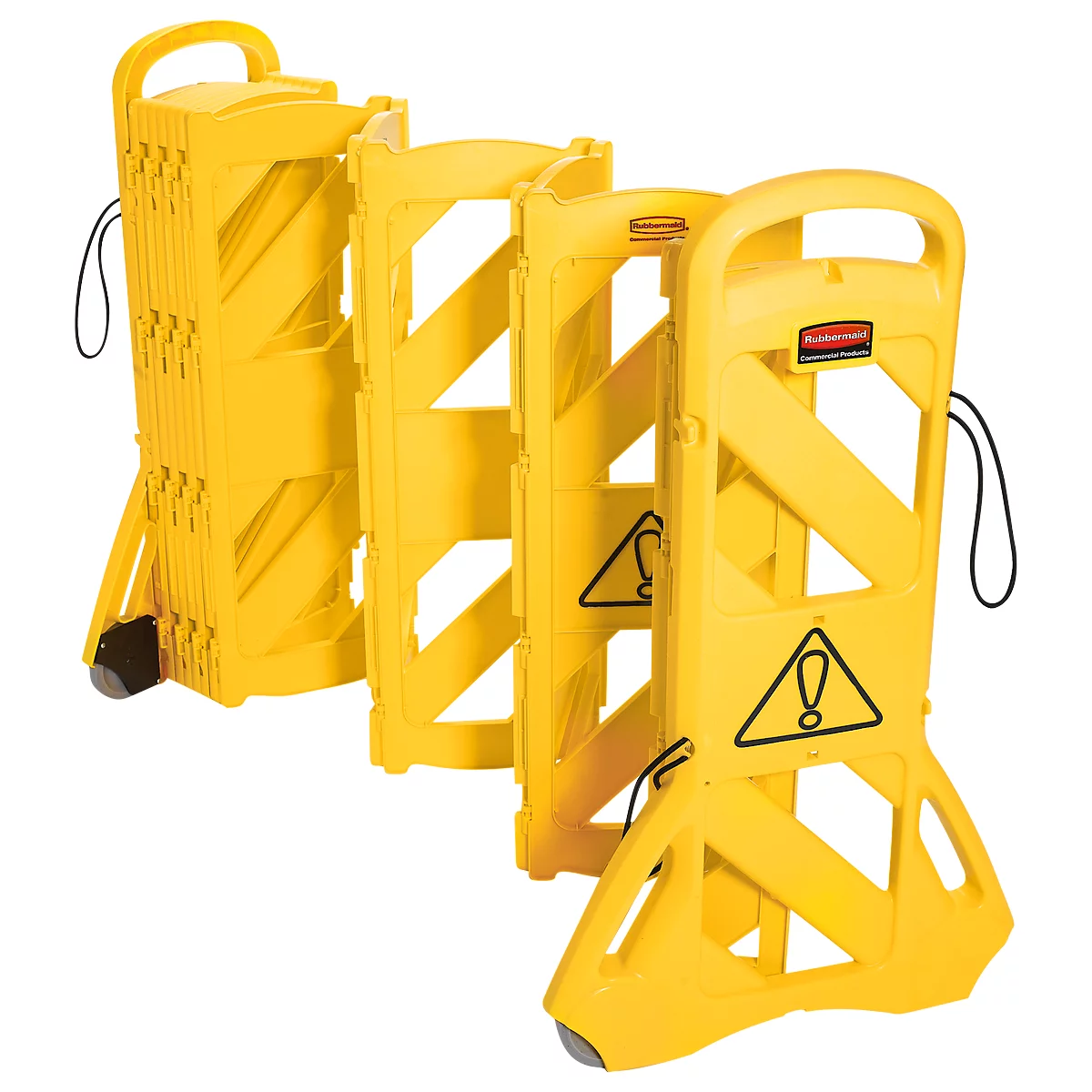 Yellow, foldable barrier with warning sign, wheels and handle. "Rubbermaid" logo.