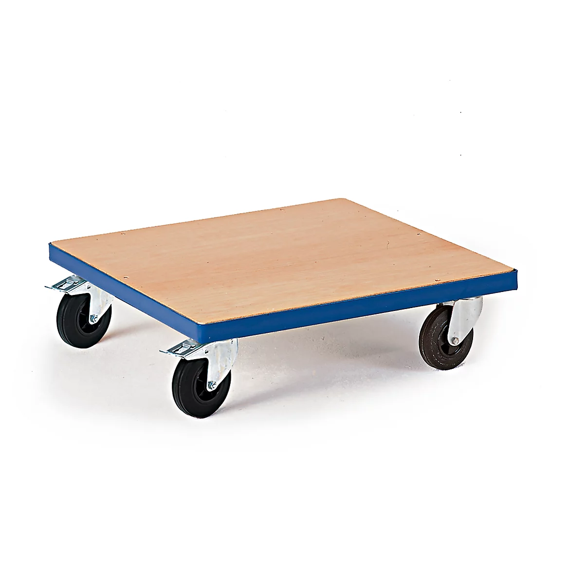 A wooden trolley with four wheels on a white background. The platform is light brown, surrounded by a blue frame.