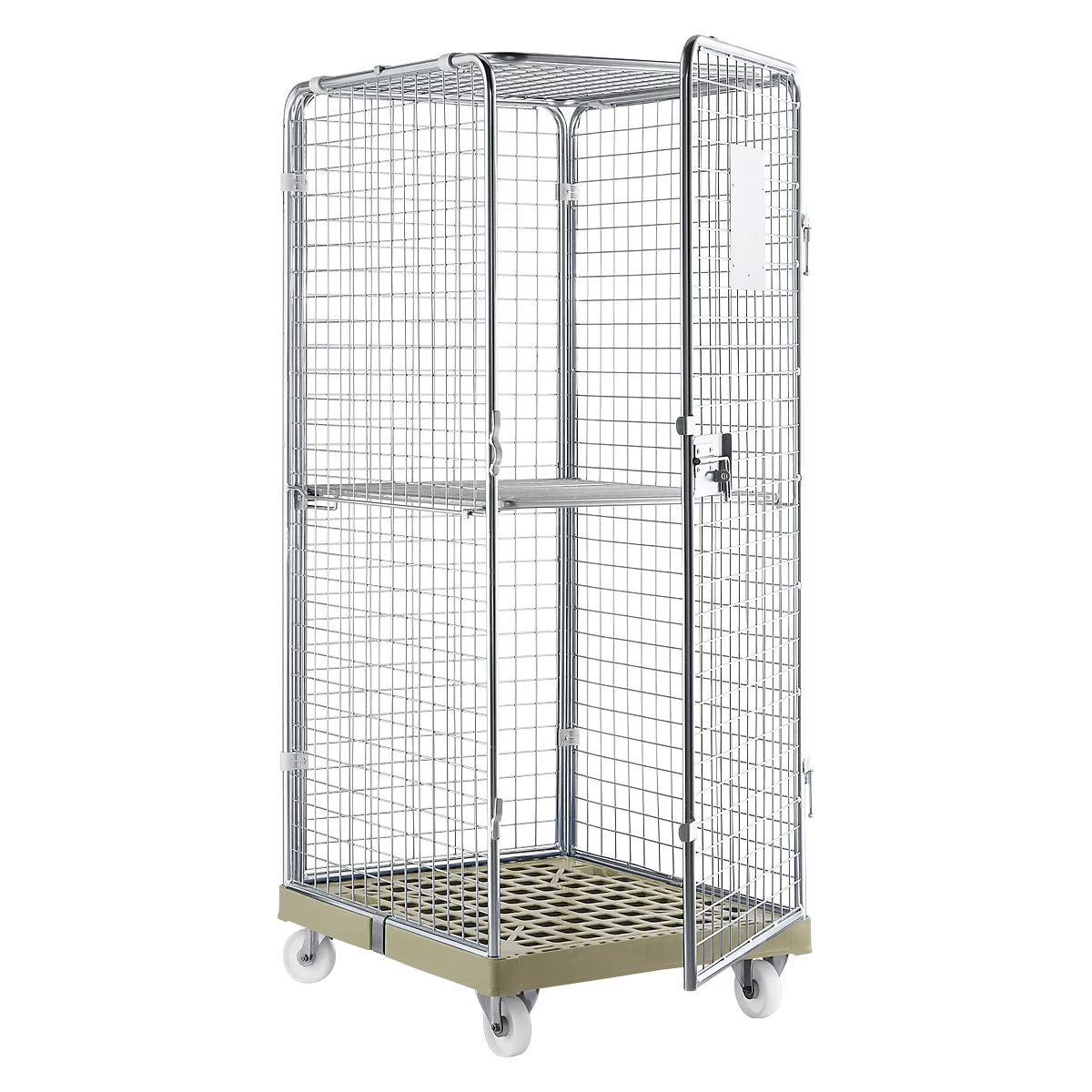 Metal rolling cart, open door, shelf inside, on wheels.