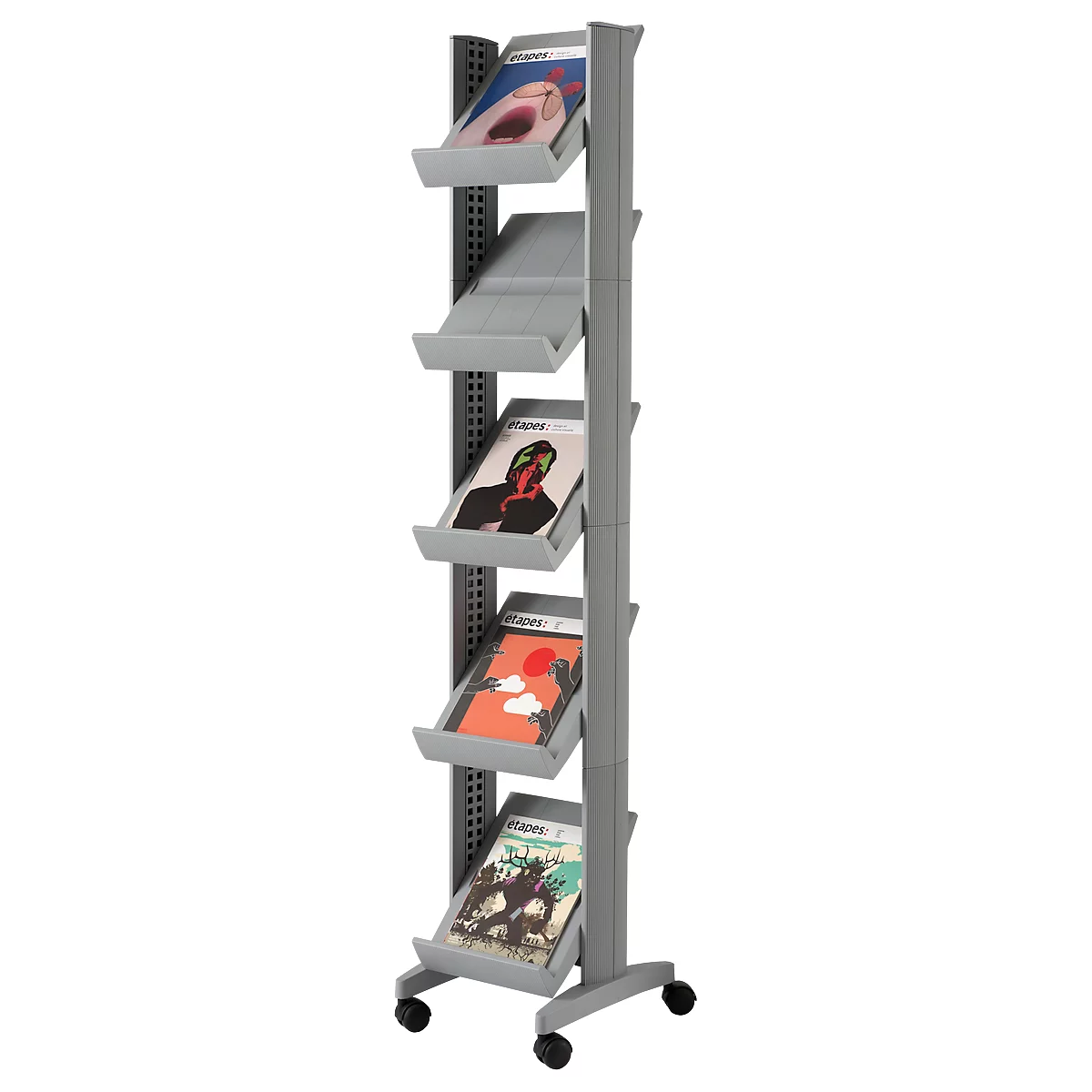 Gray magazine stand with four shelves filled with magazines. The stand has rollers.