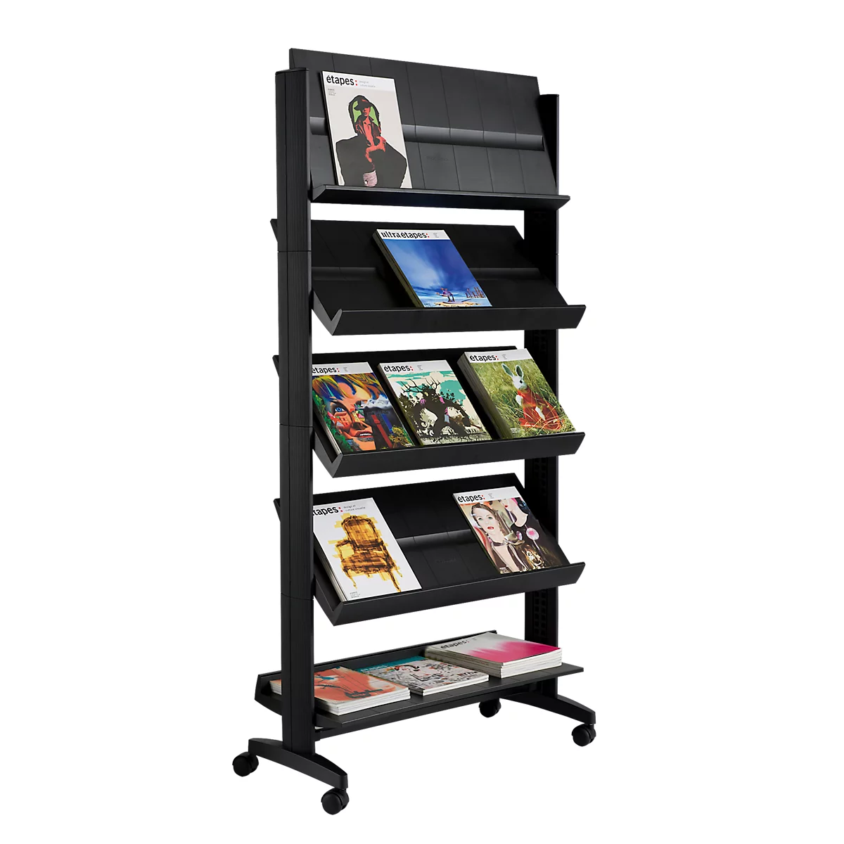 Black, rolling bookshelf with books of different colors, titles, and formats.