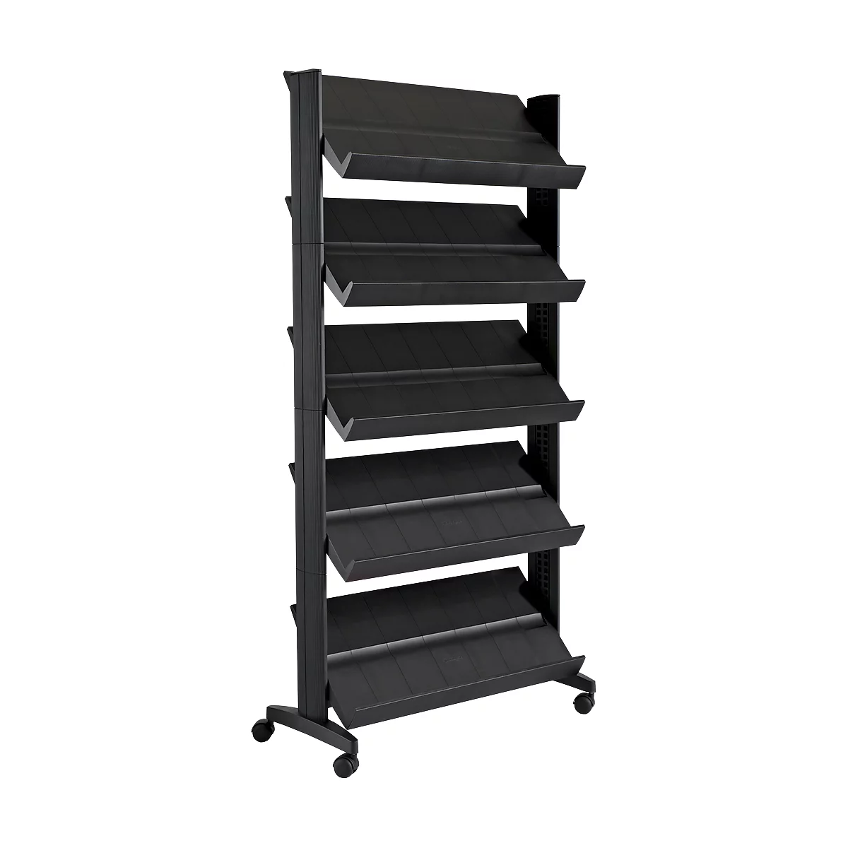 Black, freestanding display rack with six slanted shelves on wheels.