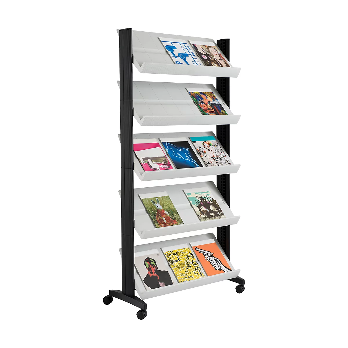Black, rolling magazine rack with five white shelves filled with magazines.