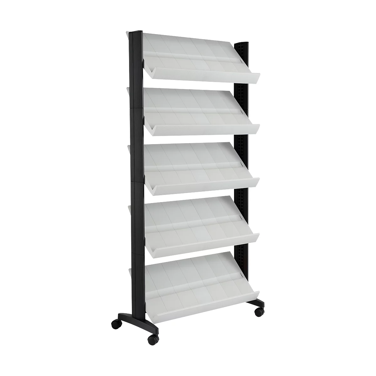 A black, rolling shelf with five white, sloped shelves. It is in front of a white background.