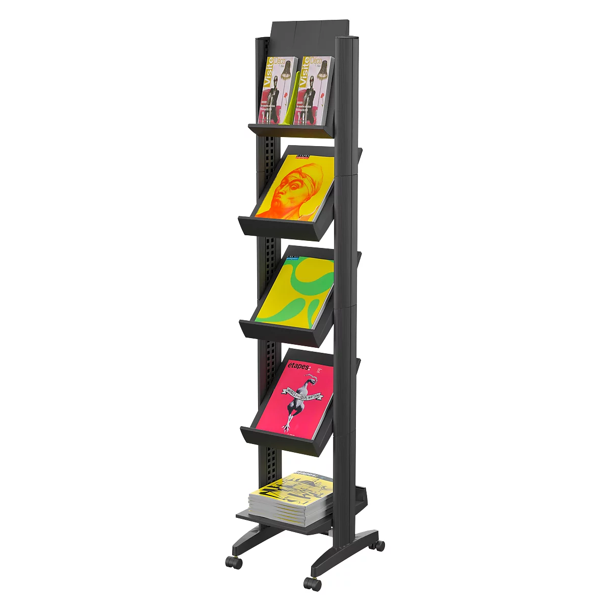 Black magazine rack with several compartments filled with books. Wheels at the bottom.