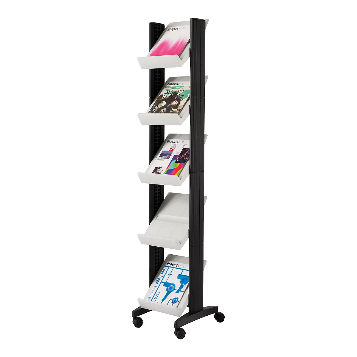 Black brochure stand with four shelves, filled with brochures. On wheels. Each shelf contains a brochure with colorful illustrations.