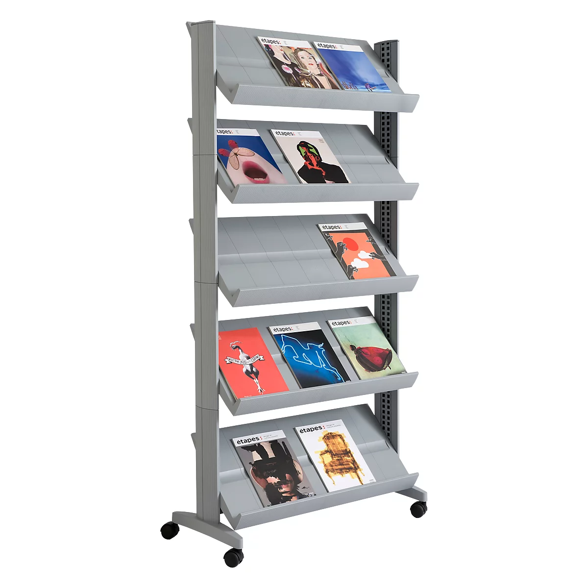 Gray magazine rack with magazines in various colors. The bottom row has two wheels.
