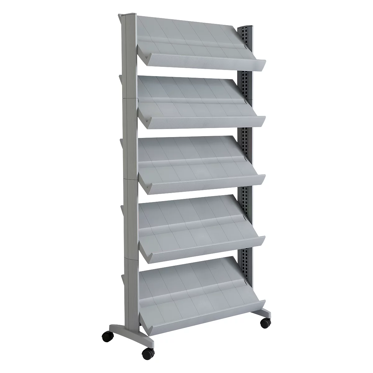 Gray, mobile shelf with five slanted shelves. On castors, for presentations or storage.