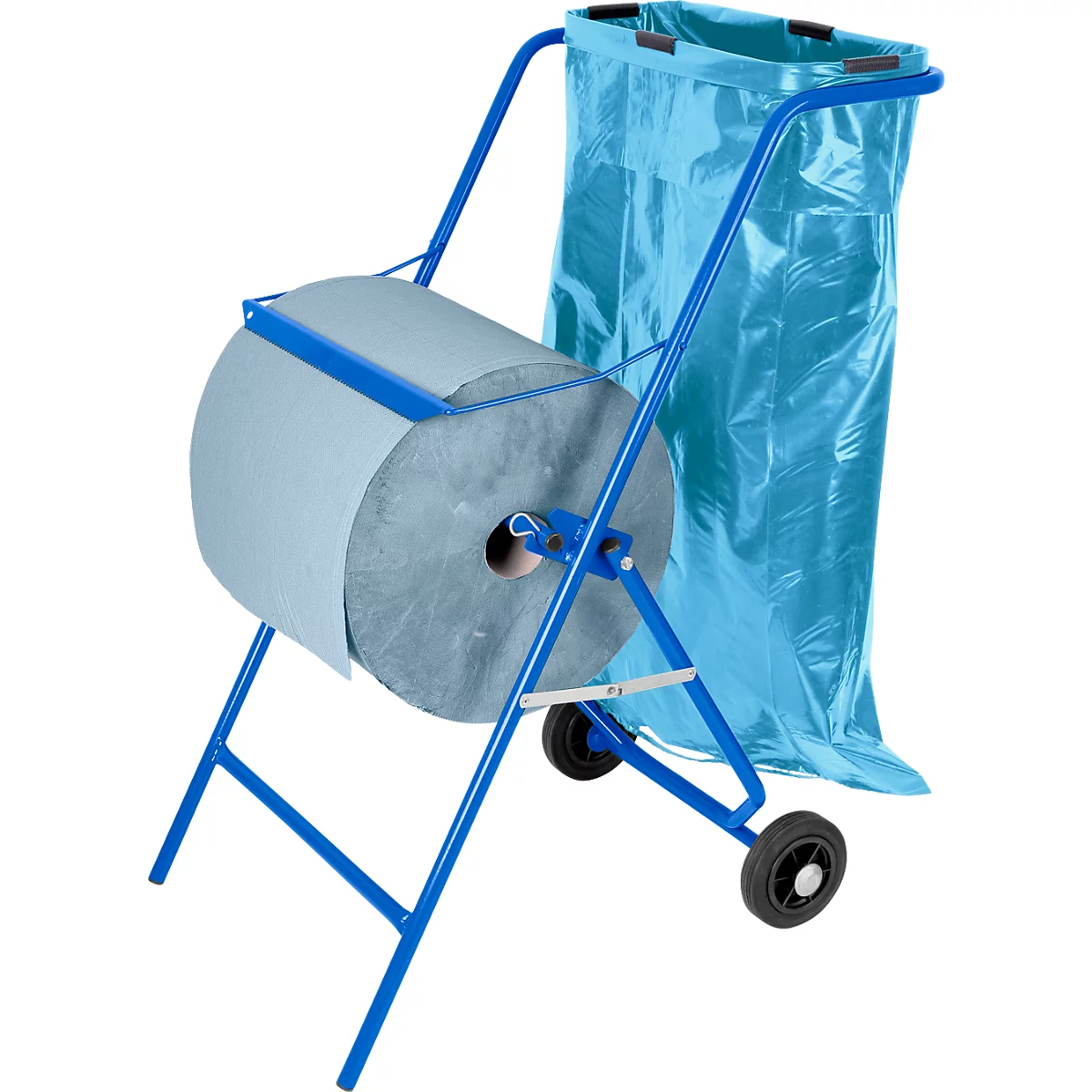 Blue cart with paper roll and trash bag. Cart has wheels, paper roll is grey.