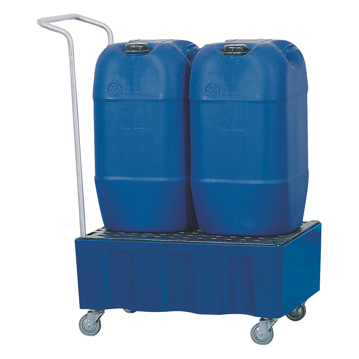 Blue transport trolley with two blue canisters. The trolley has wheels and a silver handle.
