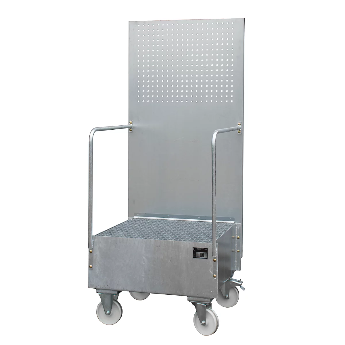Metal rolling cart with perforated back panel, platform, and grab handles.