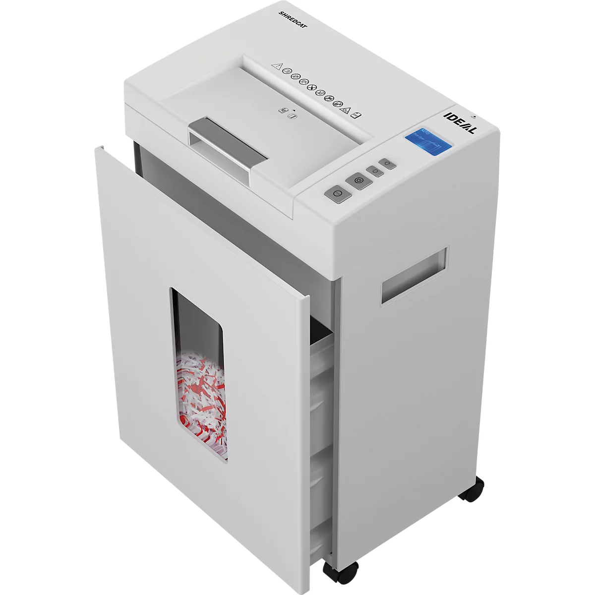 A white paper shredder with the door open. A basket of shredded paper is visible below. The word IDEAL can be seen on the right.