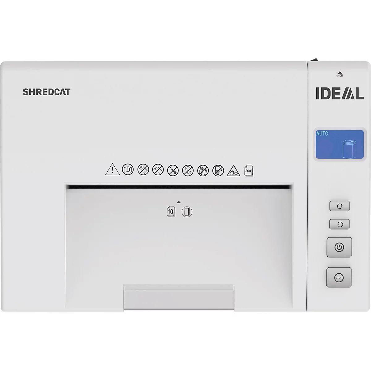 White paper shredder with control panel. The words SHREDCAT and IDEAL are visible. Symbols and buttons.