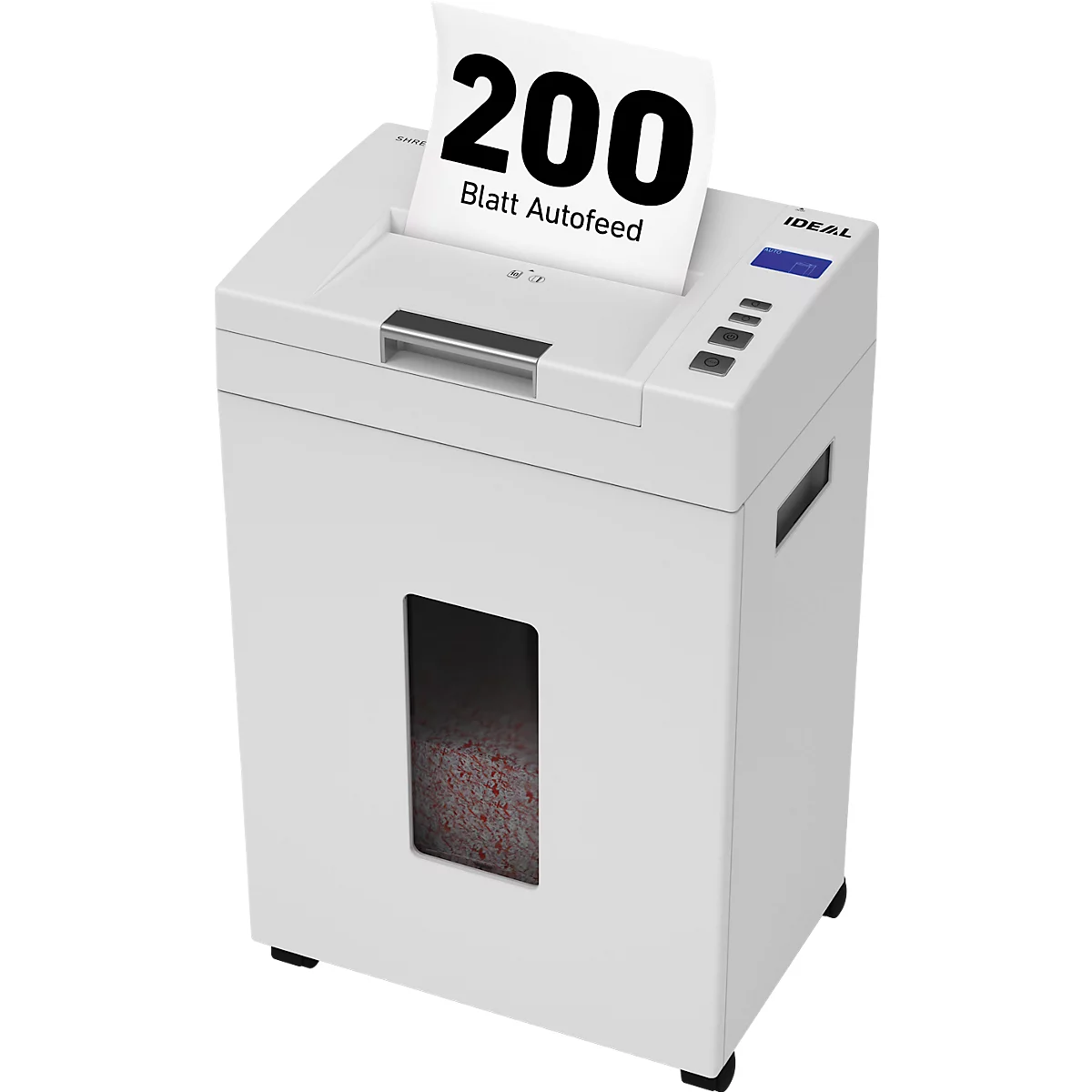White paper shredder with paper feed. The paper says: 200 sheets of auto feed.