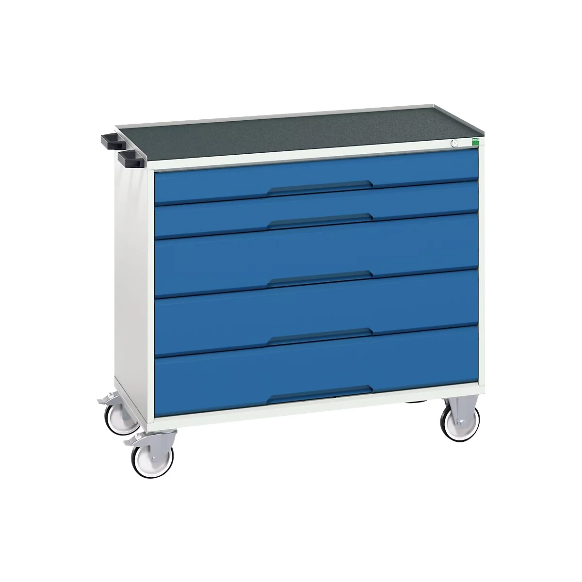 Tool cart with four blue drawers, black top, and wheels.