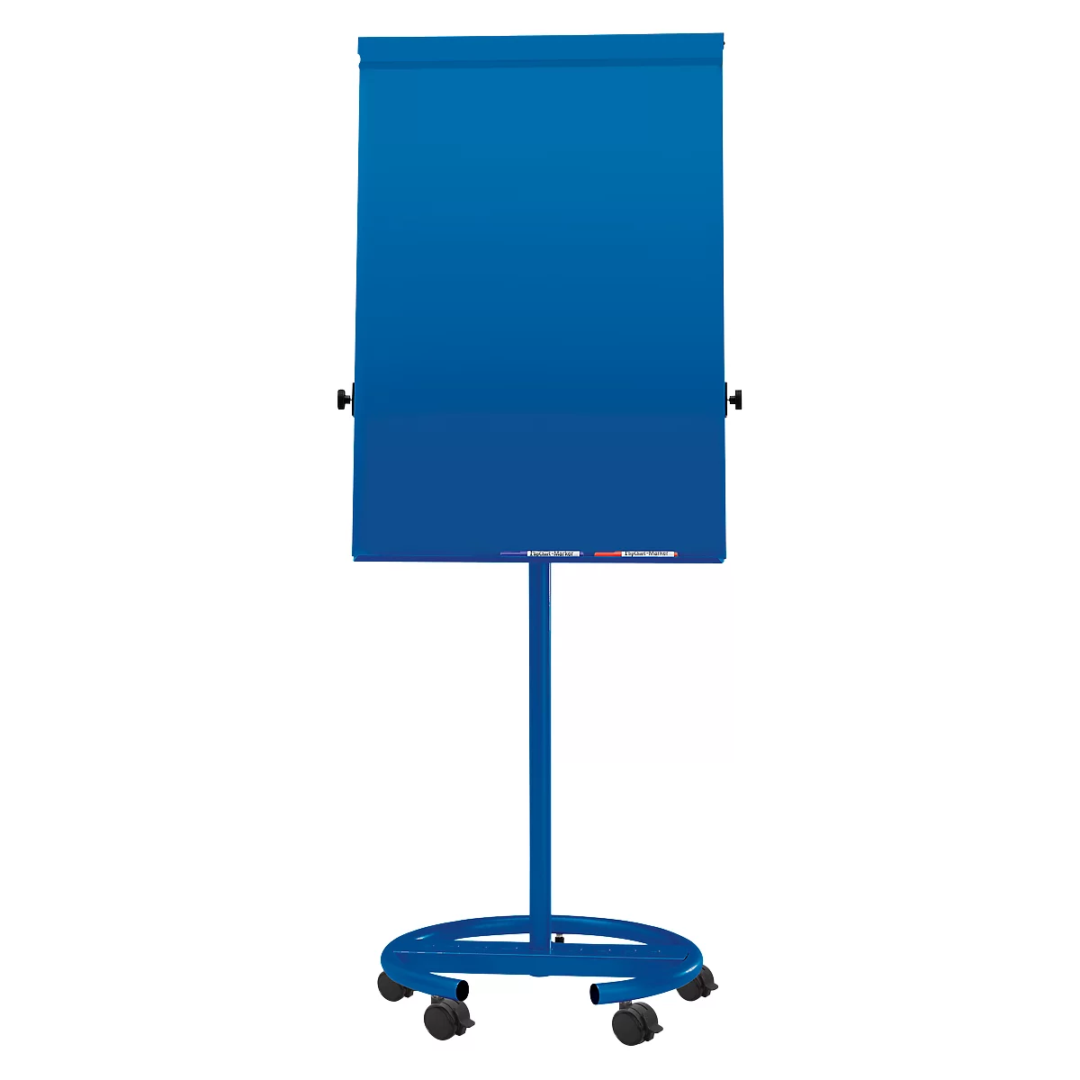Blue flip chart on wheels. The top sheet is blank. At the bottom is a shelf for pens.