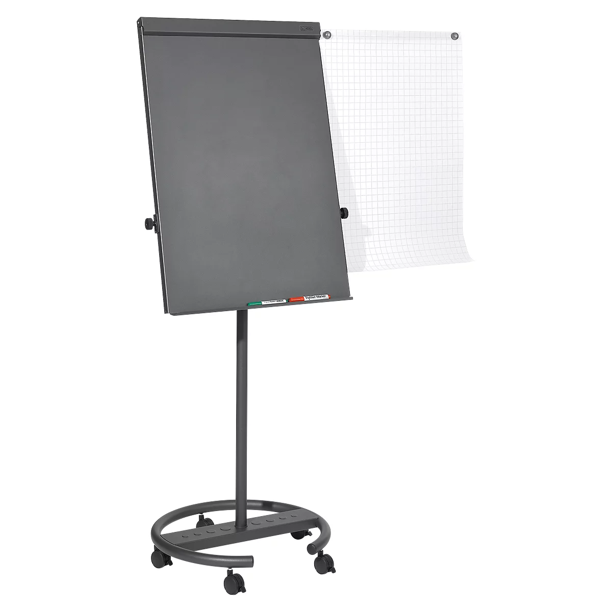 Grey flip chart on wheels, with a checkered film next to it. Pen holder with green and red markers.