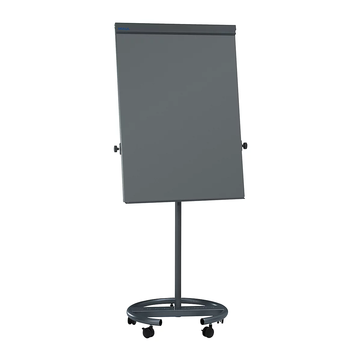 Grey flip chart with wheels, empty paper block, metal frame.