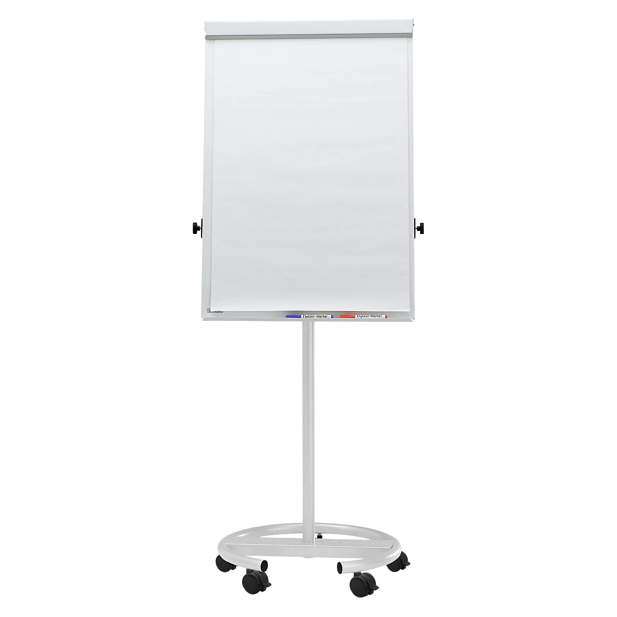 White flip chart on wheels. With paper, pen holder and locking screws.