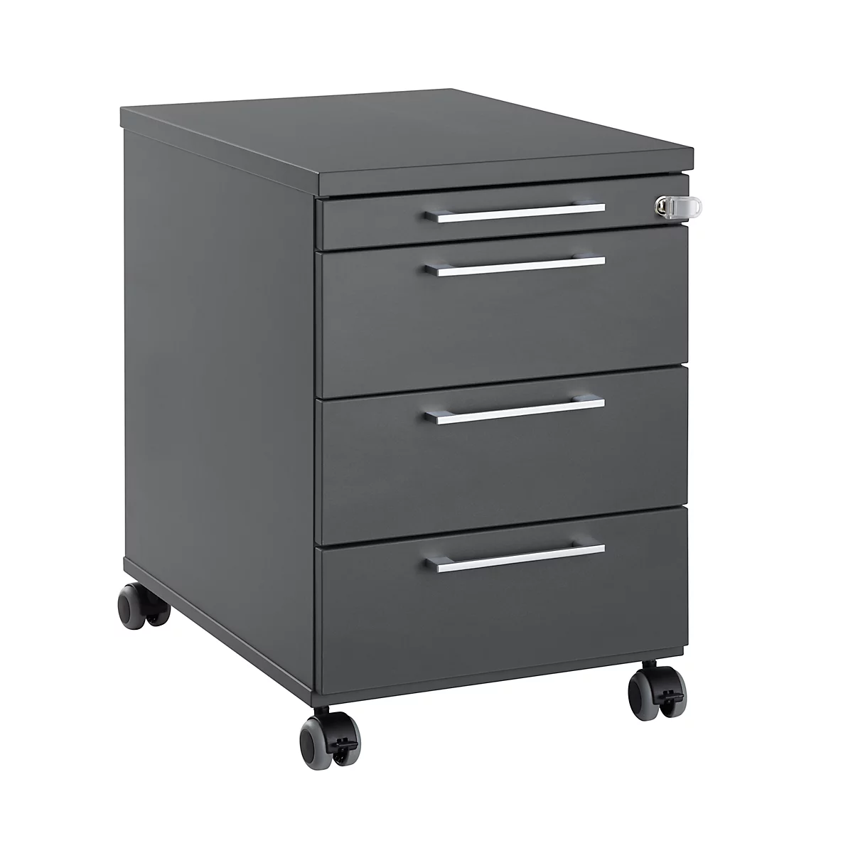 Dark gray rolling file cabinet with four drawers, silver handles and wheels. A lock is located on the top drawer.