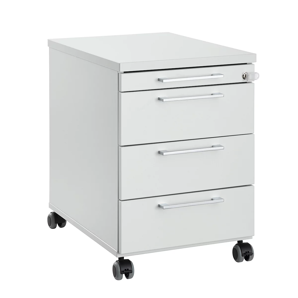 White rolling file cabinet with three drawers and wheels. There's a lock on the top drawer.