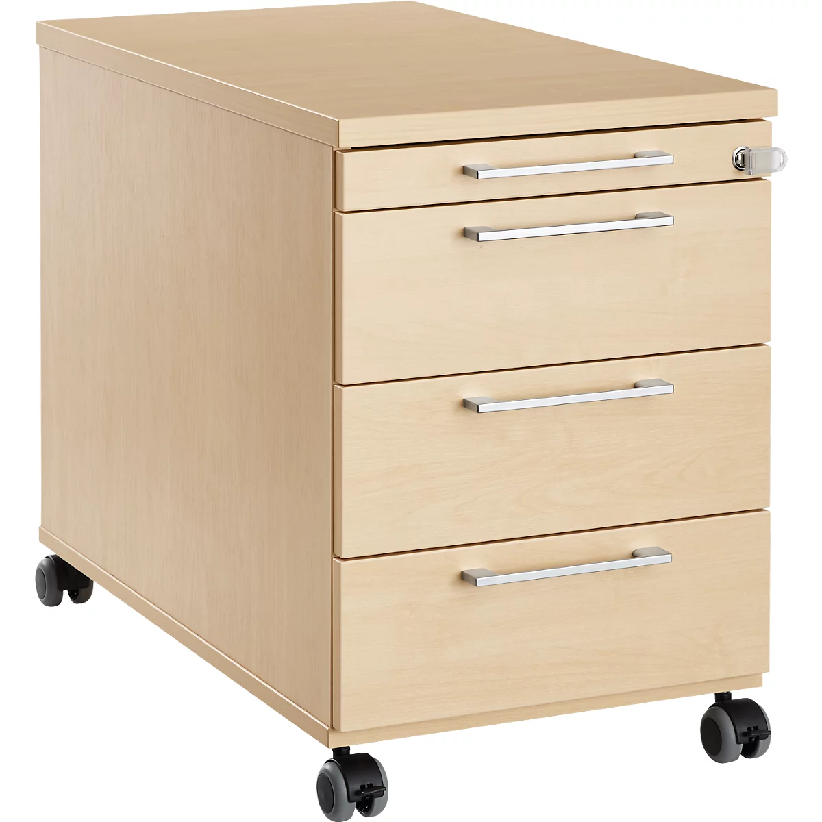 Beige mobile file cabinet with three drawers and silver handles. It stands on black casters.