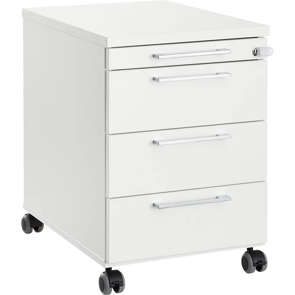 White rolling file cabinet with three drawers and silver handles. Key in top drawer. Wheels for mobility.