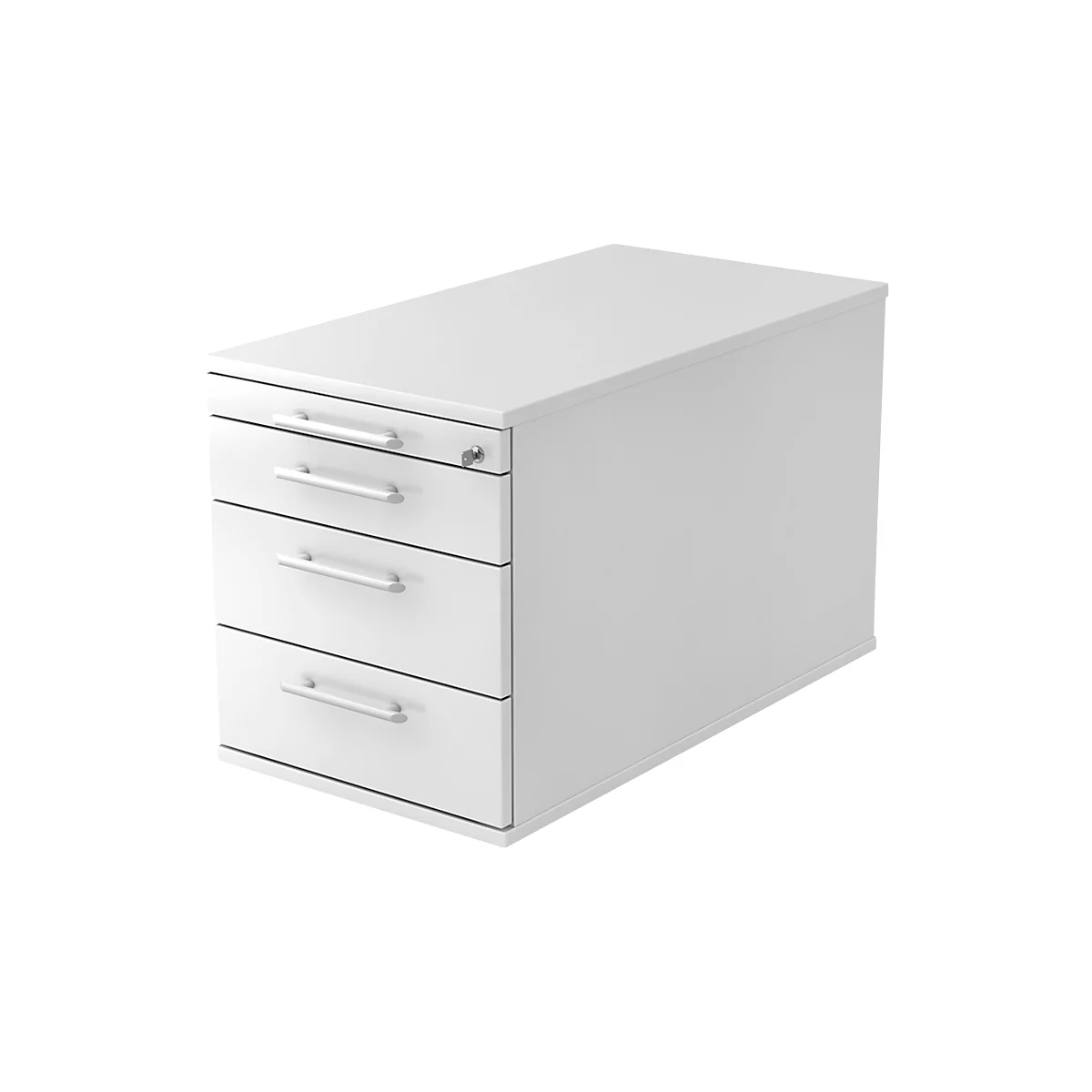 White, three-drawer office cabinet with silver handles and lock.