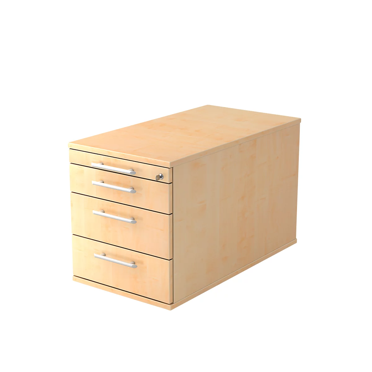 Light wooden cabinet with three drawers, silver handles and lock.