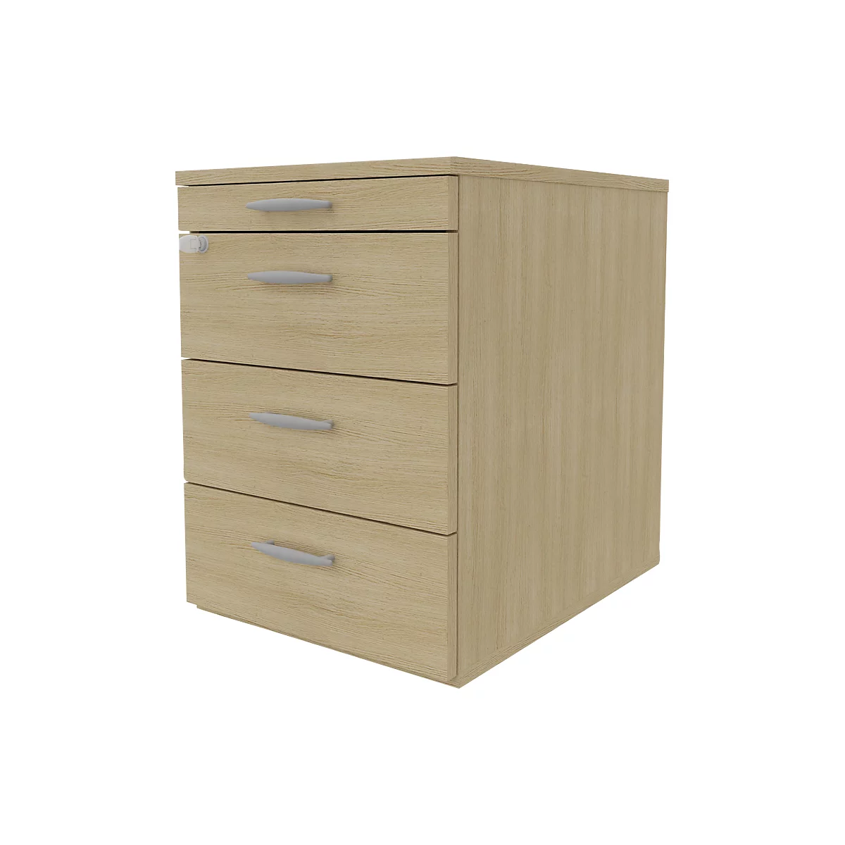 Beige desk cabinet with four drawers, silver handles, on a light background.