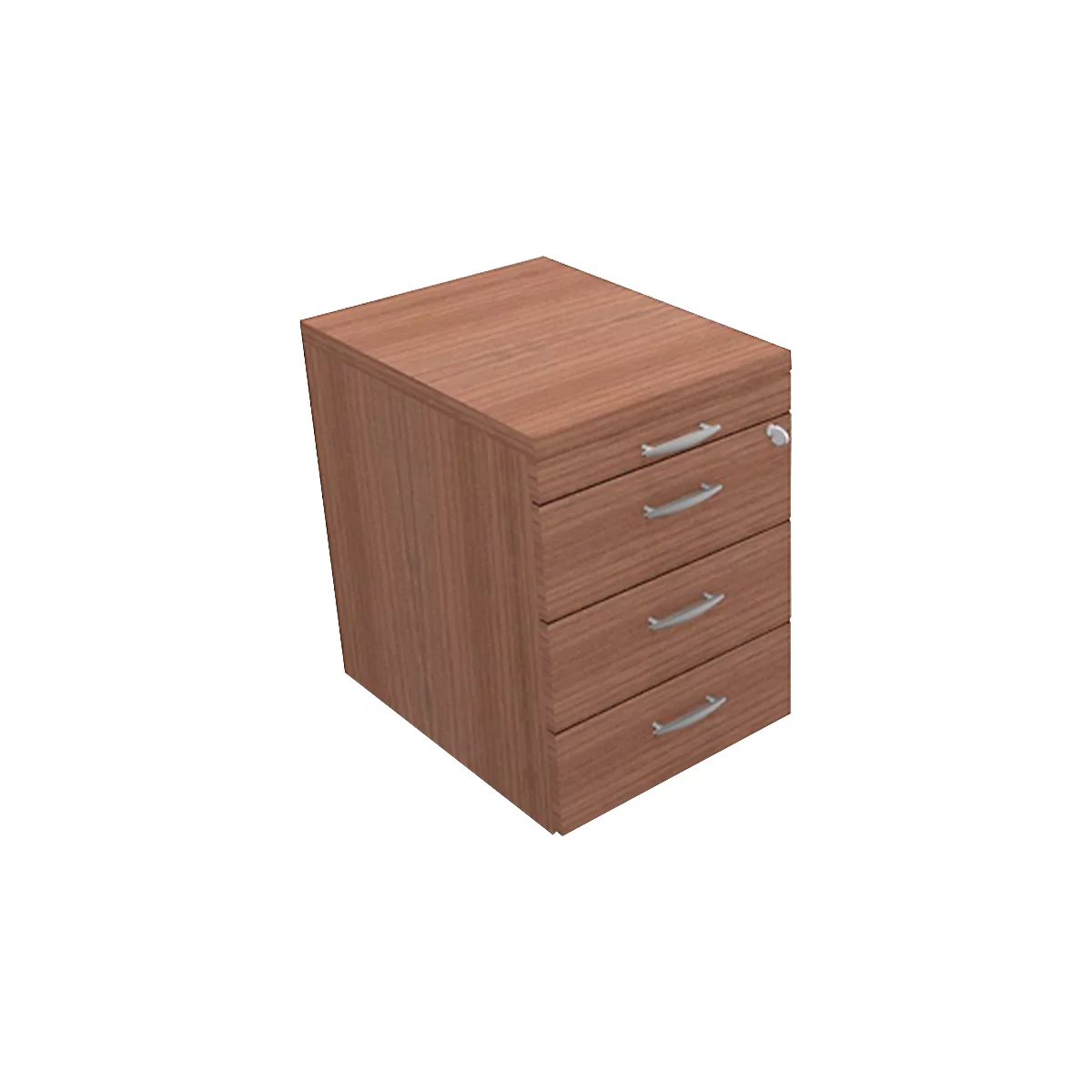 A brown desk container with three drawers, silver handles and a lock.