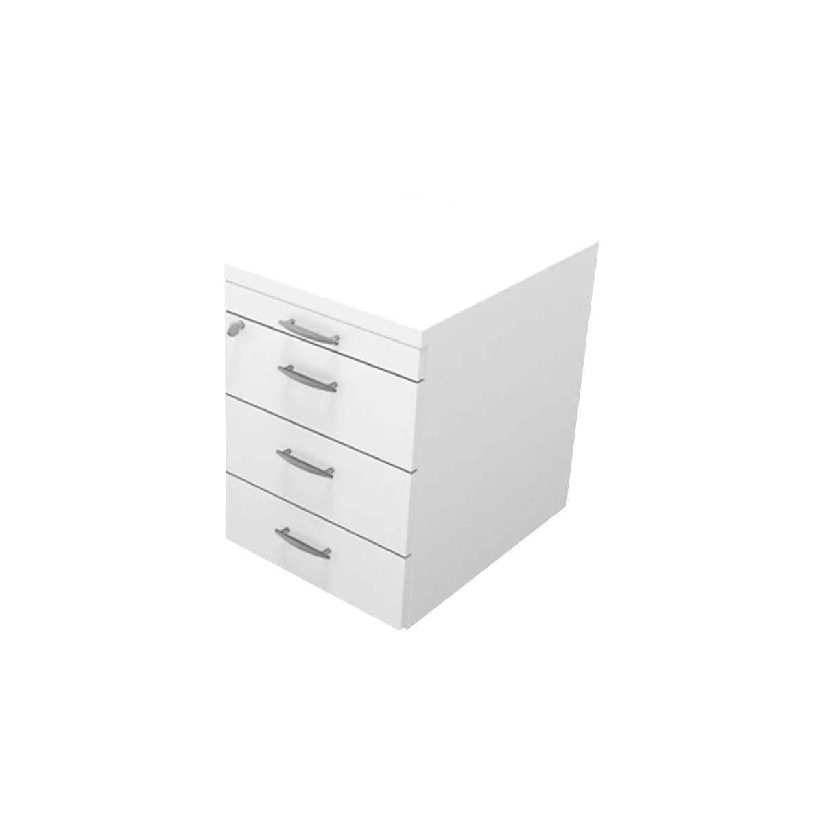 White chest of drawers with three drawers and silver handles.