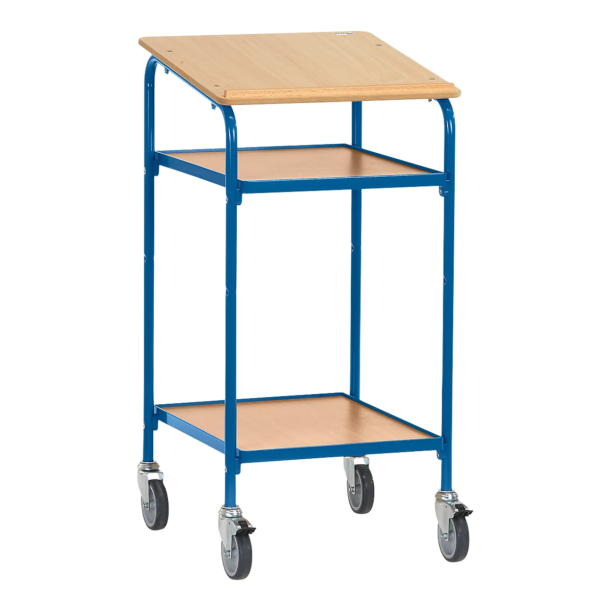 Blue rolling furniture with wooden shelves and three levels.